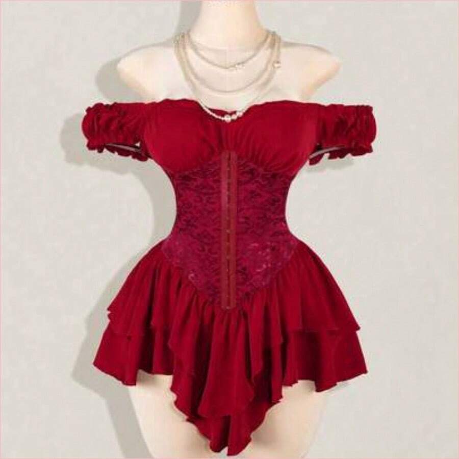 ICON Vestido corto de gasa con volantes en el hombro, cintura fruncida y estampado jacquard para mujer, elegante para fiestas y uso casual - Burdeos - Ver 1