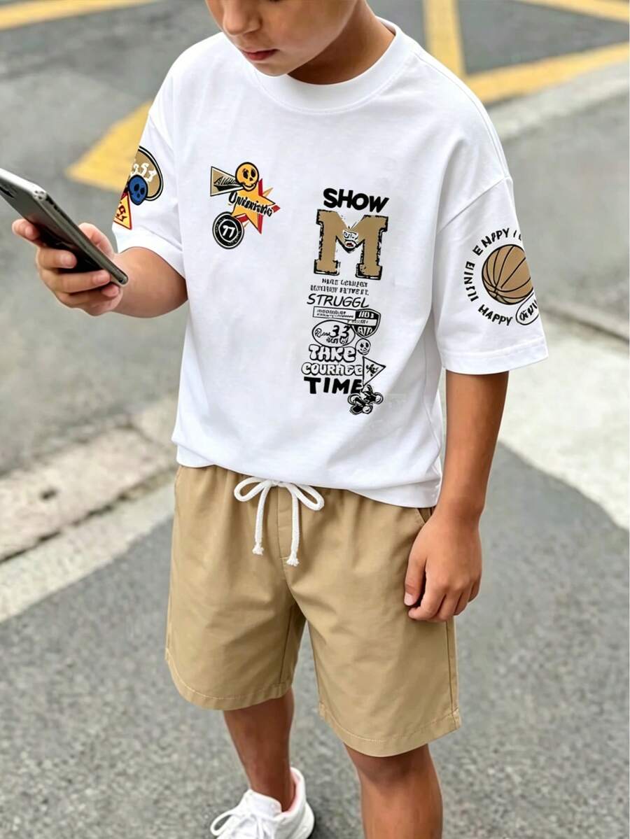 幼儿卡通印花短袖T恤和短裤夏季套装 - 卡其色 - 查看 1