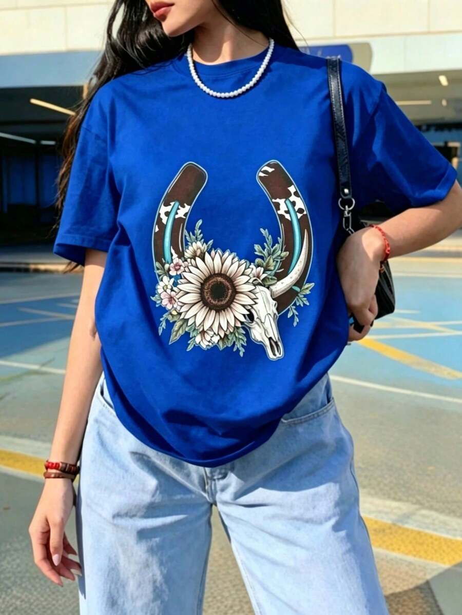 Women's Printed T-Shirt, Lightweight, Breathable, Comfortable, And Versatile. 100% Cotton, Cool And Airy, Machine Washable. Stylish Summer Wear With A Modern, Urban Feel. - 藍色 - 查看 1