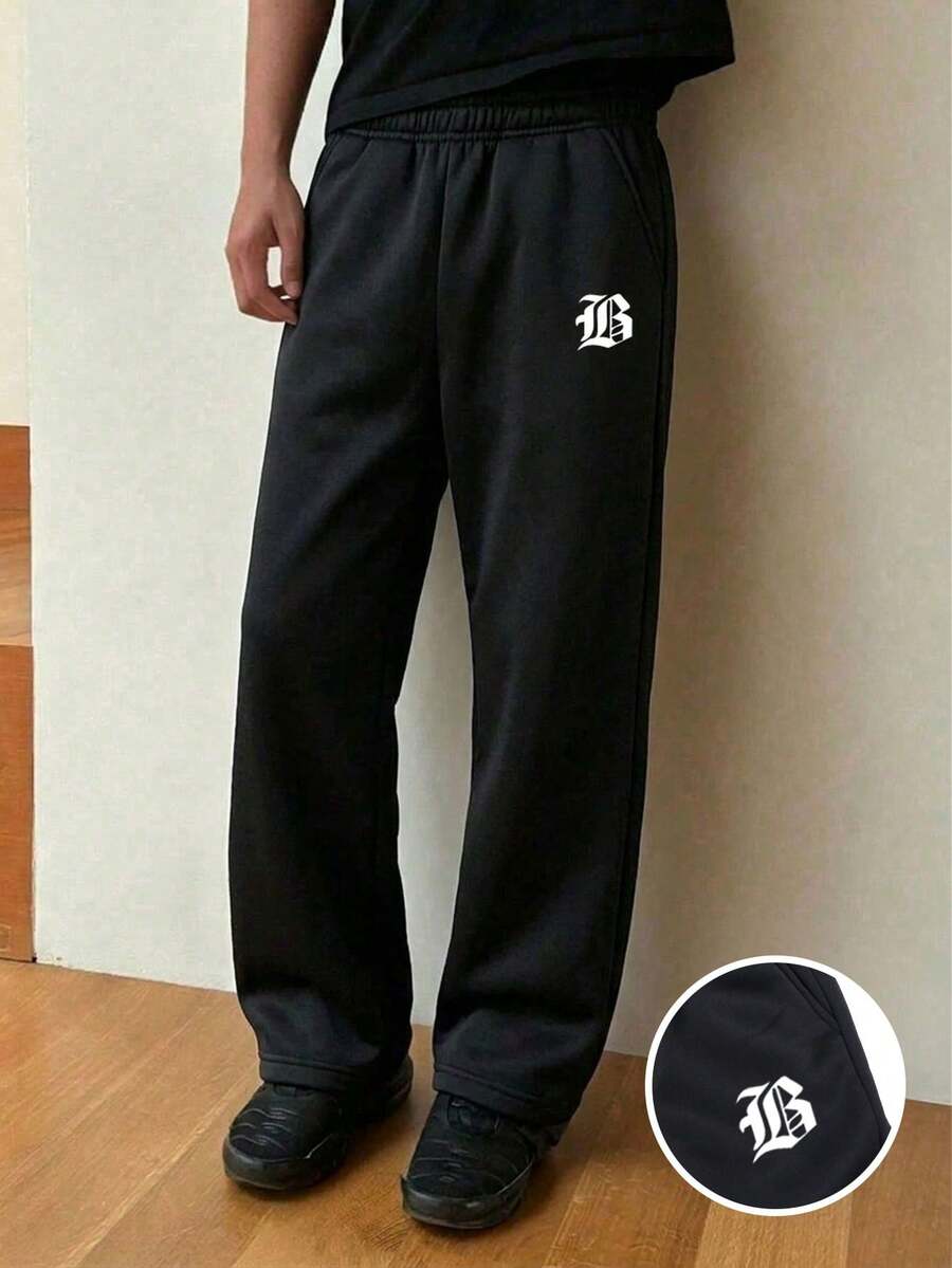 1件男孩純色休閒舒適鬆緊腰寬鬆直筒長褲，秋冬款 - 黑色 - 查看 1