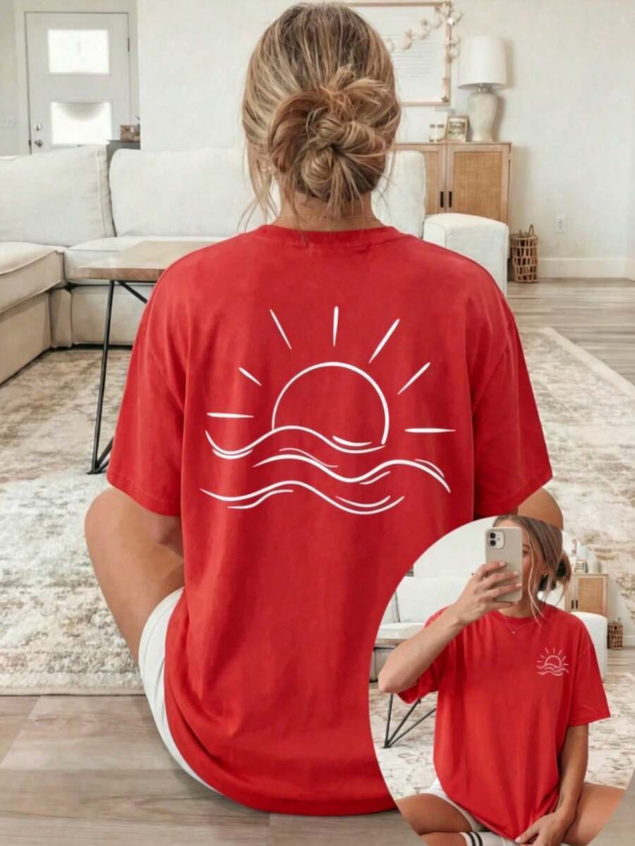 New Summer Collection 2026, [Double-Sided Print] Women's Loose Spring/Summer Casual Clothing, Sun And Sea Print With White Lines, Short Sleeve Crew Neck T-Shirt - 紅色 - 查看 1