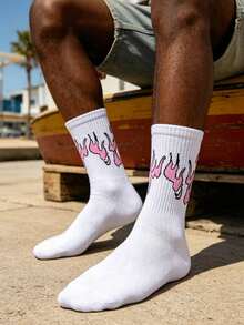 Men Fire Pattern Crew Socks, Fall Socks - White - View 1
