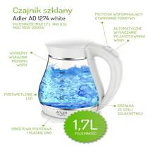 Adler Electric Glass Kettle Cordless Kettle Water Boiler Fast Boil 1.7L 2200W Blue LED Illumination Boil-Dry Protection Auto Shut-Off Lime Filter 360° Base White - EU E Type Plug(220-240V) - View 7