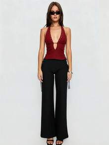 Womens Rivets Studded Halter Neck Plunge Cami Top Self-Tie Spaghetti Straps V-Neck Cut Out Front Crop Tank Top Camisole Vest Y2K Streetwear Party Tops - F217030-紅色 - 查看 4