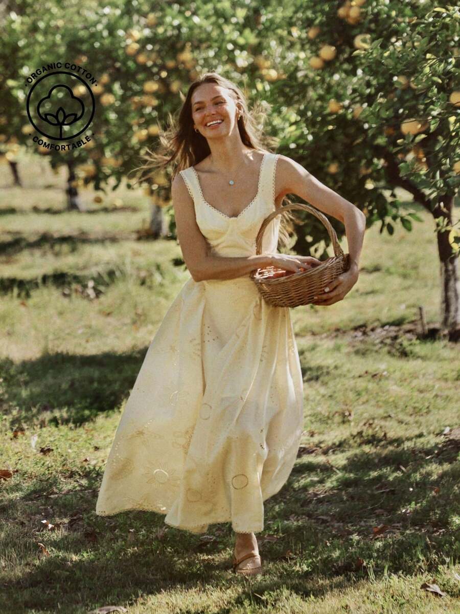 x Tata & Beatriz Vestido midi sin mangas con ajuste entallado y vuelo, escote corazón, copas con aros, bordado con conchas marinas, cintura baja, ideal para primavera y vacaciones en la playa - Amarillo claro 2 - Ver 1