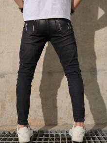 Men's High Stretch Straight Leg Casual Washed Distressed Minimalist Retro Jeans - Black - View 2