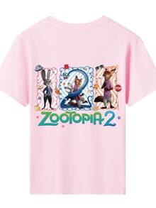 Disney - Officially Authorized Short Sleeves Made Of 100% Pure Cotton FabricDisney Channel Pink T Shirt With Zootopia 2 Characters And Text For Kids Theme Park OutingGifts Suitable For Girls - 粉色 - 查看 3