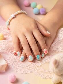 24pcs Spring/Summer Children's Press-On Fake Nail Stickers, Full Coverage Effect, Featuring Shiny And Cute Pattern Designs (Light Blue Starfish, Seahorse Coral, Crab, Wave Ripple, Beach Umbrella, Jellyfish) Elements, Suitable For Children's Pre-Glued Nail Stickers, Full Coverage Small Nail Tips, Perfect For Girls' Gifts, Birthday Parties And Makeup Decoration - Sky Cloud Theme - Summer Ocean Hand-Drawn Theme - Multicolor - View 1