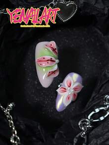 10片手工甜美芭蕾風杏仁形穿戴甲，馬卡龍粉綠漸層搭配3D花朵、蝴蝶與珍珠裝飾，全覆蓋壓克力假指甲，適合新娘、派對、婚禮、日常、休閒與節日美甲 - 紫丁香色 - 查看 6