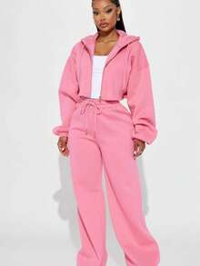Vintage Washed Cropped Zip-Up Hoodie & High-Waist Wide Leg Pants Two-Piece Set, Casual Streetwear Loungewear - 粉色 - 查看 1