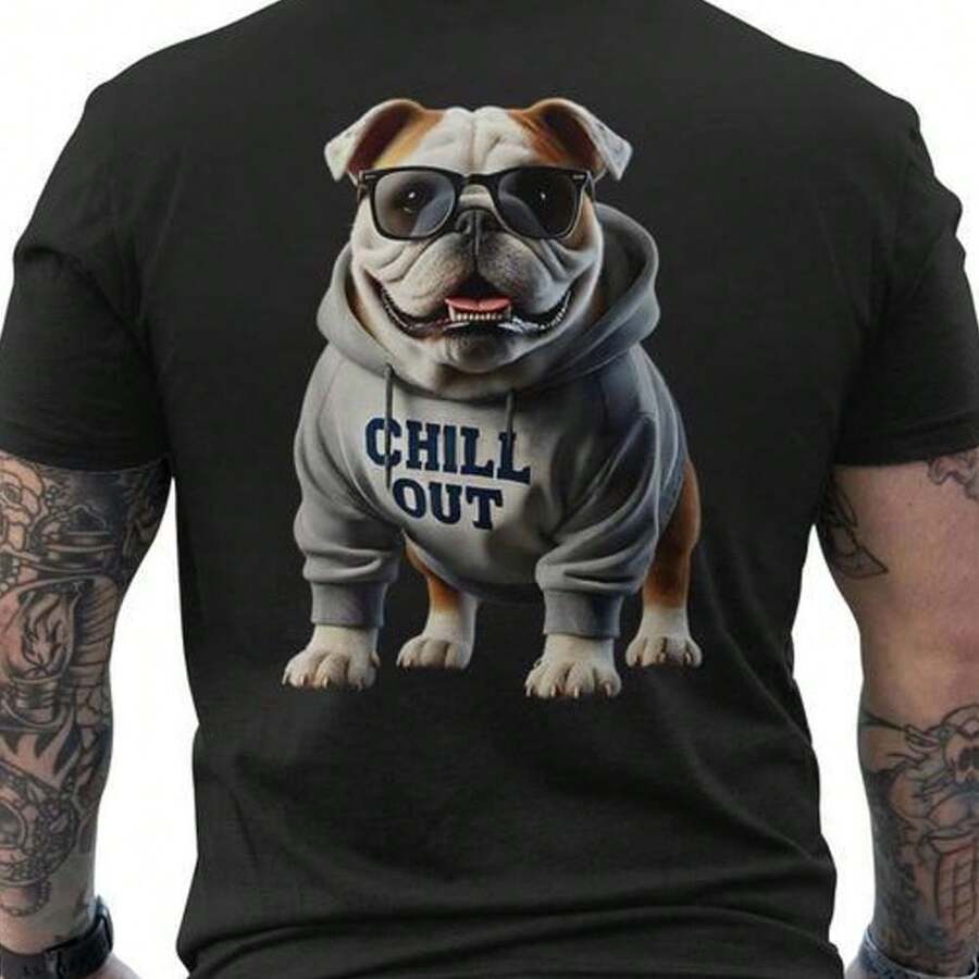 Maglietta da uomo divertente con stampa di un bulldog inglese - Stampa sul retro - Maglietta traspirante in puro cotone - Vestibilità comoda, casual, ideale per gli amanti dei cani - Abbigliamento casual per tutti i giorni, per il tempo libero, design giocoso, materiale confortevole, maniche corte, per chi possiede animali domestici - nero - Visualizzare 1