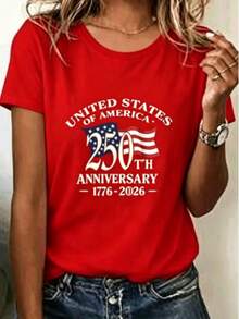 New Spring/Summer Casual Loose-Fitting Fashionable V-Neck (100% Polyester) And Crew Neck (100% Cotton) Short-Sleeved T-Shirts, Featuring A 250th Anniversary Of American Independence Commemorative Print, Patriotic-Themed Short-Sleeved Shirts For American Independence Day, Patriotic-Themed Tops, American Flag Prints, V-Neck And Crew Neck T-Shirts, Independence Day Apparel, National Day Commemoration, American Retro Style, Personalized Prints, Casual Everyday Wear, Red And Blue Color Scheme, Historical Commemoration, Retro Street Style Unisex Loose-Fitting Pure Cotton Short-Sleeved Crew Neck T-Shirts. - Đỏ 2 - Xem 1