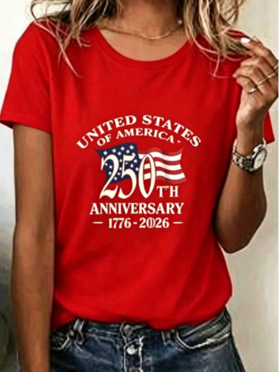 New Spring/Summer Casual Loose-Fitting Fashionable V-Neck (100% Polyester) And Crew Neck (100% Cotton) Short-Sleeved T-Shirts, Featuring A 250th Anniversary Of American Independence Commemorative Print, Patriotic-Themed Short-Sleeved Shirts For American Independence Day, Patriotic-Themed Tops, American Flag Prints, V-Neck And Crew Neck T-Shirts, Independence Day Apparel, National Day Commemoration, American Retro Style, Personalized Prints, Casual Everyday Wear, Red And Blue Color Scheme, Historical Commemoration, Retro Street Style Unisex Loose-Fitting Pure Cotton Short-Sleeved Crew Neck T-Shirts. - Đỏ 2 - Xem 1