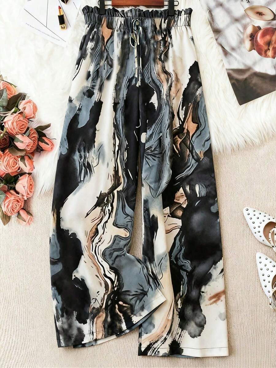 Retro Plus Size Women'S Valentine'S Day Allover Print Woven Wide Leg Pants, Regular Fit Casual Trousers, Summer, Rave, Spring Break, Boho Fall Cloth For Women Capri For Women Beach Outfit For Woman Y2K Clothing Women - 彩色 - 查看 1