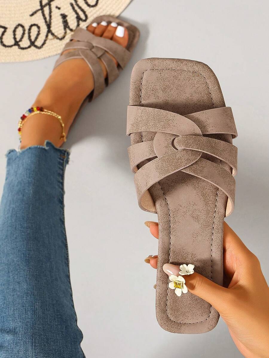Ximi Ruo Women's Spring/Summer New Fashion Casual Style Slides, Comfortable Flat Heel Sandals, Beach Shoes, Low Heel Round Toe Minimalist Versatile Decorative Flat Sandals For Outdoor Wear - Grey - View 1