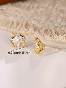 1 par de pendientes de botón redondos minimalistas de circonita cúbica, chapados en oro/plata, diseño clásico de solitario, joyería elegante para uso diario para mujeres - Pendientes exquisitos - Ver 2