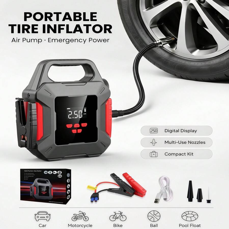 便攜式充氣泵,無線汽車空壓機,150PSI 智慧自動充氣泵適用於汽車輪胎,可充電電池行動電源,附數位壓力錶與 LED 燈的充氣泵,適用於車輛、自行車、球類 - 彩色 - 查看 1