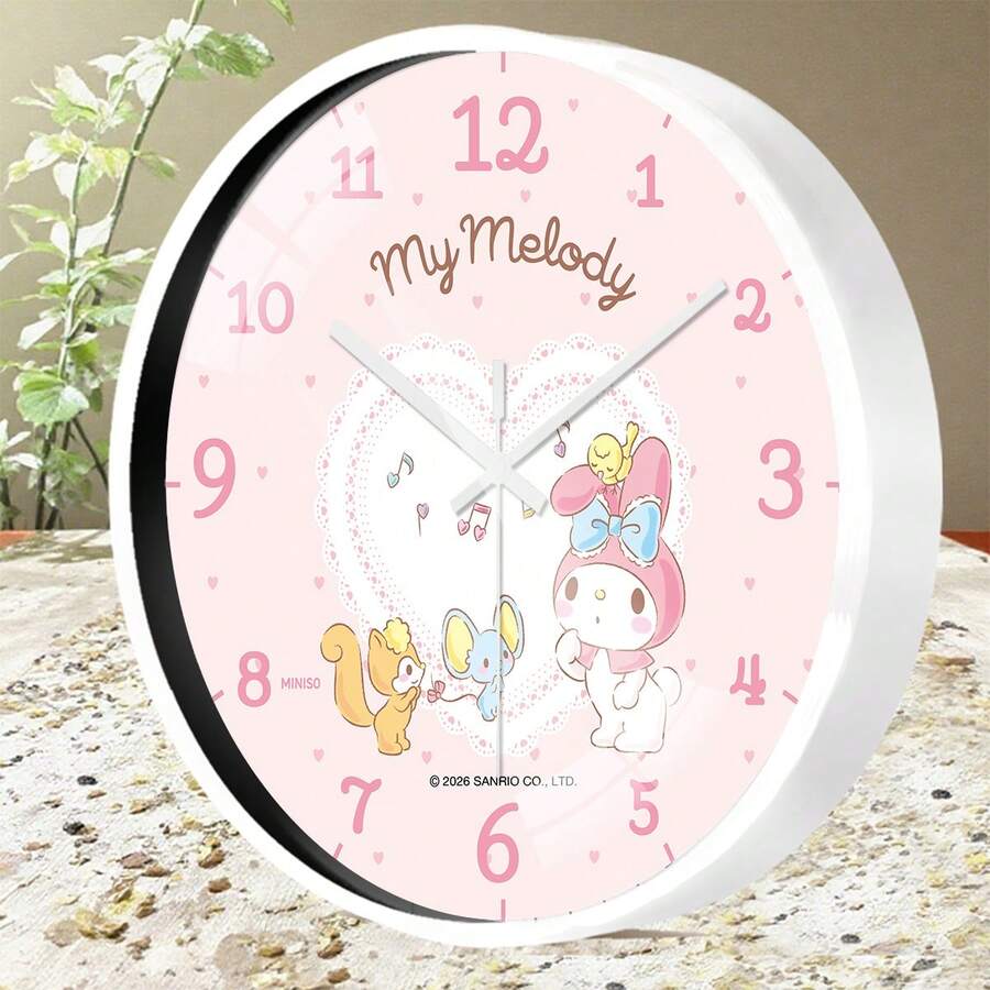 Miniso Sanrio My Melody Wall Clock With My Melody & Friends, Lace Heart & Music Notes Design, Soft Pink Background Perfect For Bedroom, Living Room & Dining Room Decor - White - View 1