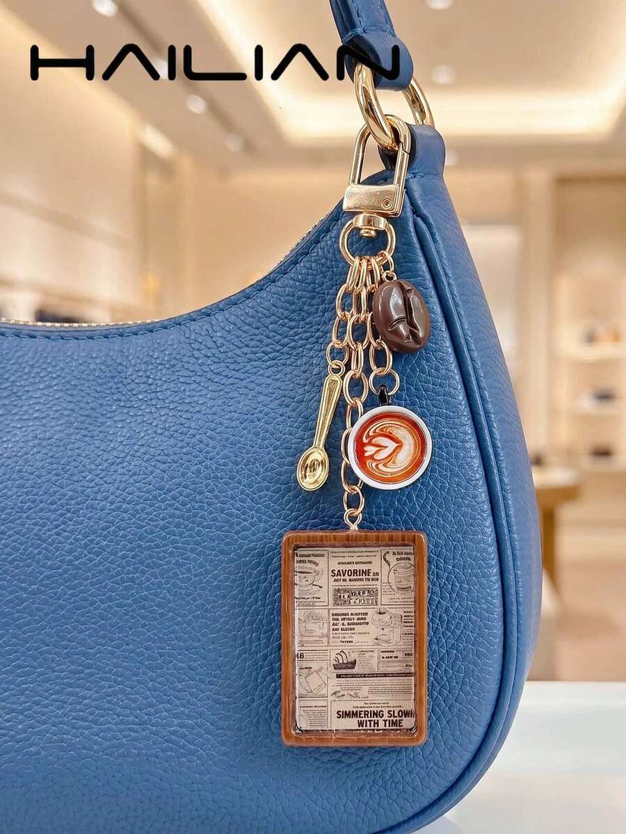 HAILIAN Coffee Themed Bag Charm Keychain, Multi-Charm With Latte Art Cup & Coffee Bean, Retro Poster Pendant, Kawaii Accessory For Coffee Lovers - Black - View 1