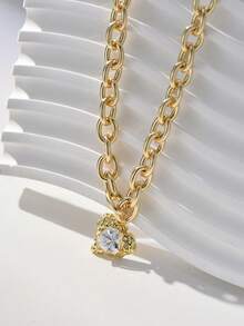 1pc Thick Chain Link Asymmetric Heart Pendant Necklace, Exquisite Luxurious Elegant Women's Necklace - Yellow Gold - View 6
