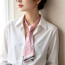 女士免系带珍珠链装饰条纹缎面领带，校服衬衫配饰，适合日常办公穿着 - 白色 - 查看 10