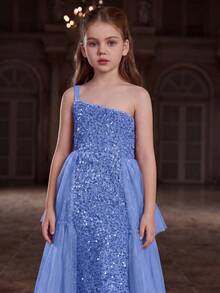 Elegant Sleeveless Sequin Floor-Length Evening Dress, Multi-Layer Chiffon Skirt, Fitted Silhouette - Charming And Suitable For Weddings, Galas - Baby Blue - View 3