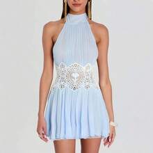 Women's Summer Dress New Summer Halter Neck Backless Dress Hollow Lace Slim Fit Vacation Style Fashion Short Dress Elegant Women's Dress Elegant Party Dress Women's Vacation Outfit Suitable For Summer Casual Vacation Commuting Simple And Stylish For Going Out Versatile For Dating And Gathering Outfits - 淺藍色 - 查看 2