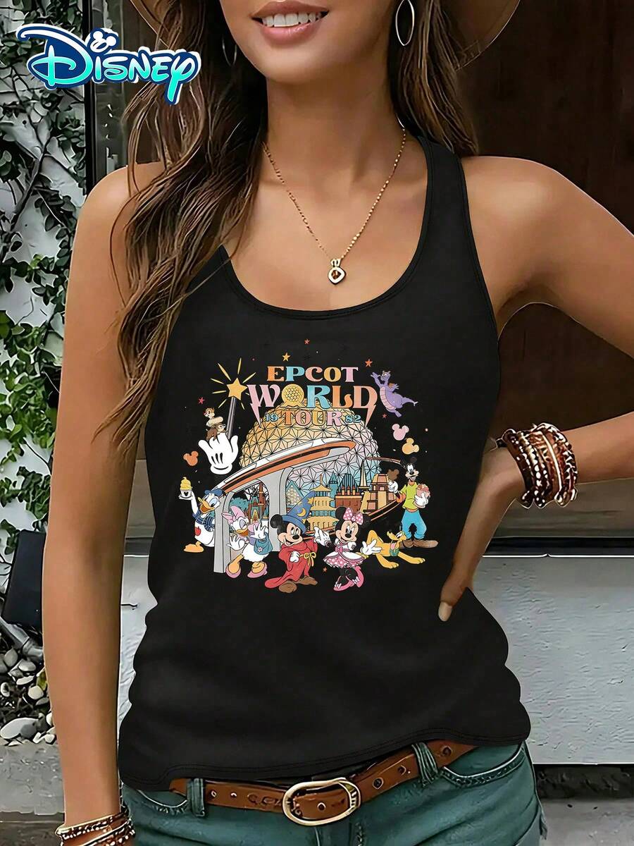 Disney Official Authorization | Women's Casual Round Neck Sleeveless Vest. Taking EPCOT World Window As The Theme, Paired With Character Portraits Of Mickey, Minnie, And Other Iconic Prints, It Is Full Of Vitality And Retro Atmosphere. It Is A Commemorative Item For Theme Park Travel And An Ideal Choice For Recording Happy Moments. - màu đen - Xem 1