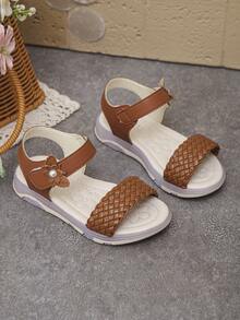 1 Pair Summer Girls' Non-Slip Daily Outdoor School Open Toe Soft Sole Hook And Loop Woven Cute Comfortable Children's Flat Sandals - Brown - View 2