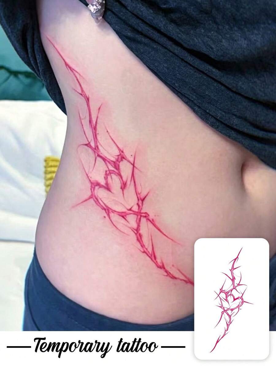 1 pieza Pegatina de tatuaje temporal con patrón de corazón espinoso estilo Y2K Millennium, diseño de tatuaje realista, adecuado para viajes, festivales de música, juegos, regalos de graduación, dura de 3 a 5 días - Rosa Fucsia - Ver 1