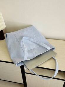 Solid Color Men's Casual Tote Bag, Striped Large Capacity Canvas Shoulder Bag,Y2k - Dusty Blue - View 3