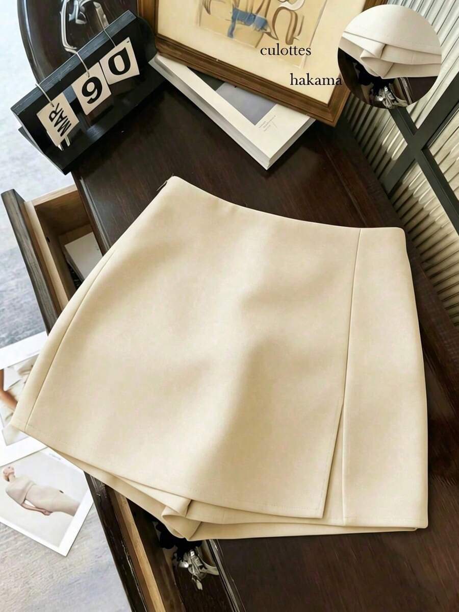 Women's High-Waisted Shorts/Skirt/Culottes Made Of Soft, Textured Fabric With A Slit, Versatile For Work Or Casual Wear, In Grey, For Spring/ - 杏色 - 查看 1