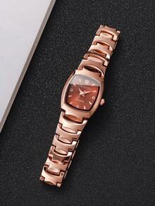 Reloj de pulsera de cuarzo para mujer con correa de aleación, esfera con forma de barril y diamantes de imitación, estilo de lujo, regalo exquisito para novia (1 pieza/set) caja de reloj no incluida - Oro rosa - Ver 6