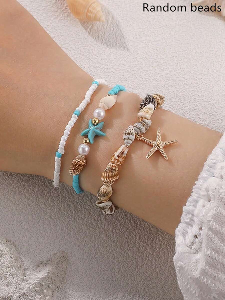 3件組兒童珍珠珠飾海星與貝殼手鍊套組，適合兒童日常裝飾 - 彩色 - 查看 1