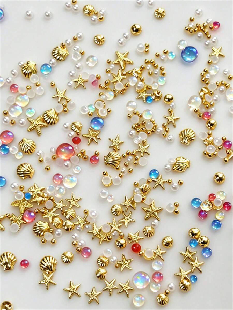 Mixed Metallic Starfish& Mermaid Beads&Half Pearl Nail Charms Golden Alloy Shell/Starfish Nail StudsDIY Summer Holiday Starfish Shell Manicure Rivet
