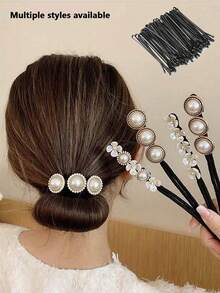 Elegant Vintage Faux Pearl Hair Accessories, Fragrance-Free Relaxing Texture, Faux Pearl Flower Decorated Magic Bun Maker, Twisted Hair Bun Maker, Faux Pearl Decorated Hair Clip, Loose Braided Ponytail Tie, Premium Hair Curl Suitable For Updo Design - Multicolor - View 2