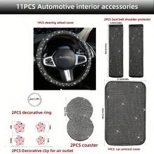 11pcs Shiny Car Interior Accessories Set, Glittering Steering Wheel Cover, Seatbelt Shoulder Pads, Unisex Car Decor, Suitable For Multiple Vehicle Models - Multicolor - View 2