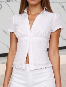 Womens Button Down Shirt Casual Slim Fit Stylish Solid Color Ruffled Trim Lapel V Neck Short Sleeve Tops For Summer - White - View 1