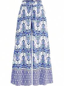 [Free Shipping]Women Wide Leg Pants Casual High Waist Floral Palazzo Pants For Women Flowy Lounge Boho Beach Trousers Pockets Women's Wide Leg - 藍色 - 查看 1