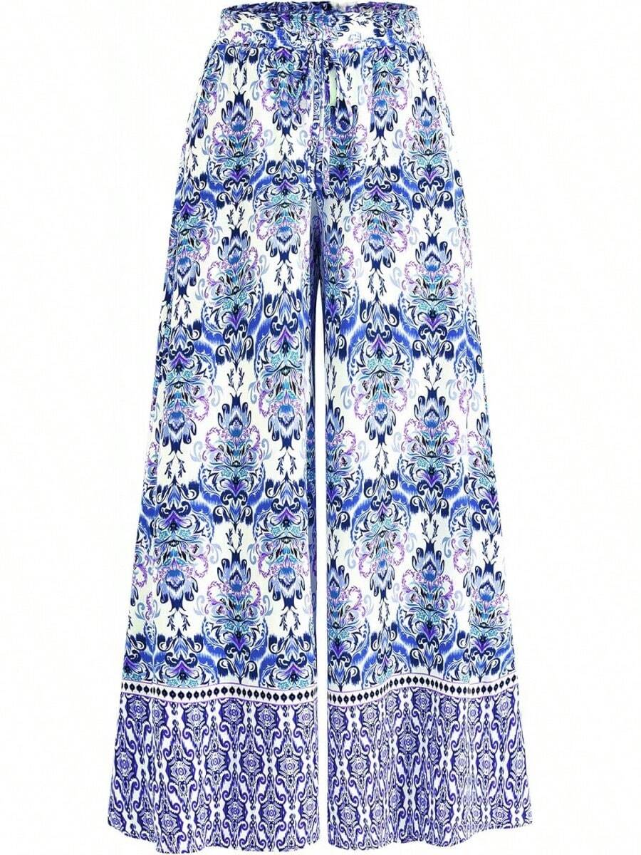 [Free Shipping]Women Wide Leg Pants Casual High Waist Floral Palazzo Pants For Women Flowy Lounge Boho Beach Trousers Pockets Women's Wide Leg - 藍色 - 查看 1
