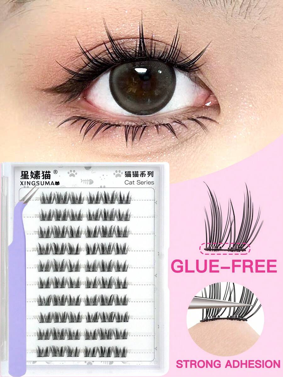 90/180 Clusters C-Type False Eyelashes, Glue-Free And Makeup-Free Removal, Single Cluster Style, Korean Girl Group Makeup, Mixed Length 9/10/11/12mm, 0.07mm Natural Effect, DIY Flocked Eyelashes, 10 Rows Ultra-Light Fan-Shaped Self-Adhesive Eyelashes, Cat Eye Design, Suitable For Daily, Cosplay, Party And Nightclub Makeup, Beginner Makeup Tool, Ideal Gift For Women, Mother's Day And Graduation Season, Essential Cosmetic - 黑色 - 查看 1