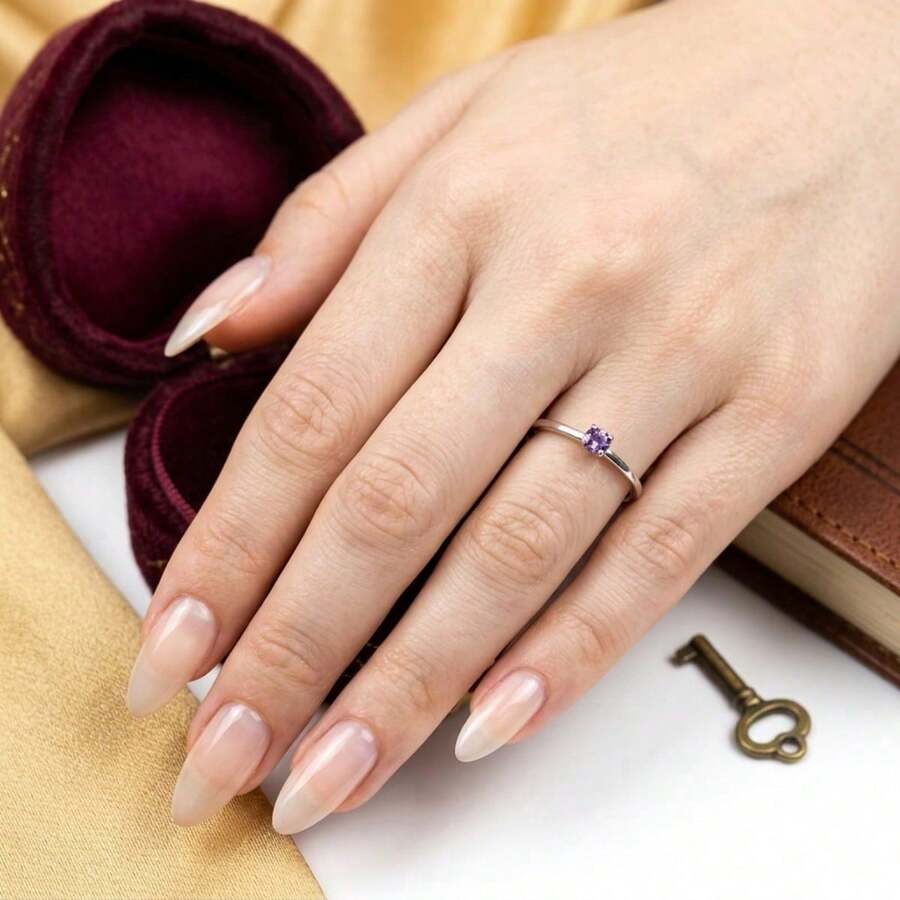 Stainless Steel Silver Solitaire Ring, Delicate, Colored Zirconia Stone, 3mm, Graduation, Debutante - Purple - View 1