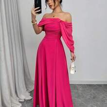 Vestido entero con cuello alto retorcido y cintura con drapeado sin tirantes para mujeres - Color caoba - Ver 2