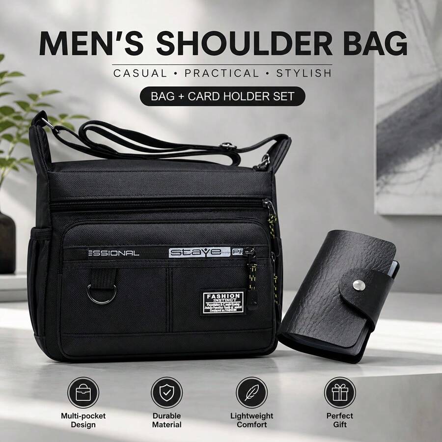 2pcs/Set Men's Shoulder Bag & Card Holder,Durable Multi-Pockets Crossbody Messenger Bag,Sling Pack For Business Casual Travel,Gift For Husband & Son - Túi đeo vai màu đen + Túi đựng thẻ màu đen - Xem 1