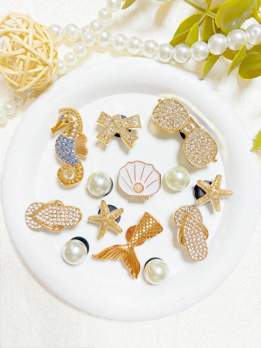 20件米色鞋飾(海星、花朵、貝殼、蝴蝶結)適用於穿孔拖鞋DIY裝飾配件,完美搭配單品,生日、節日、派對禮物首選 - 金色13pcs - 查看 1