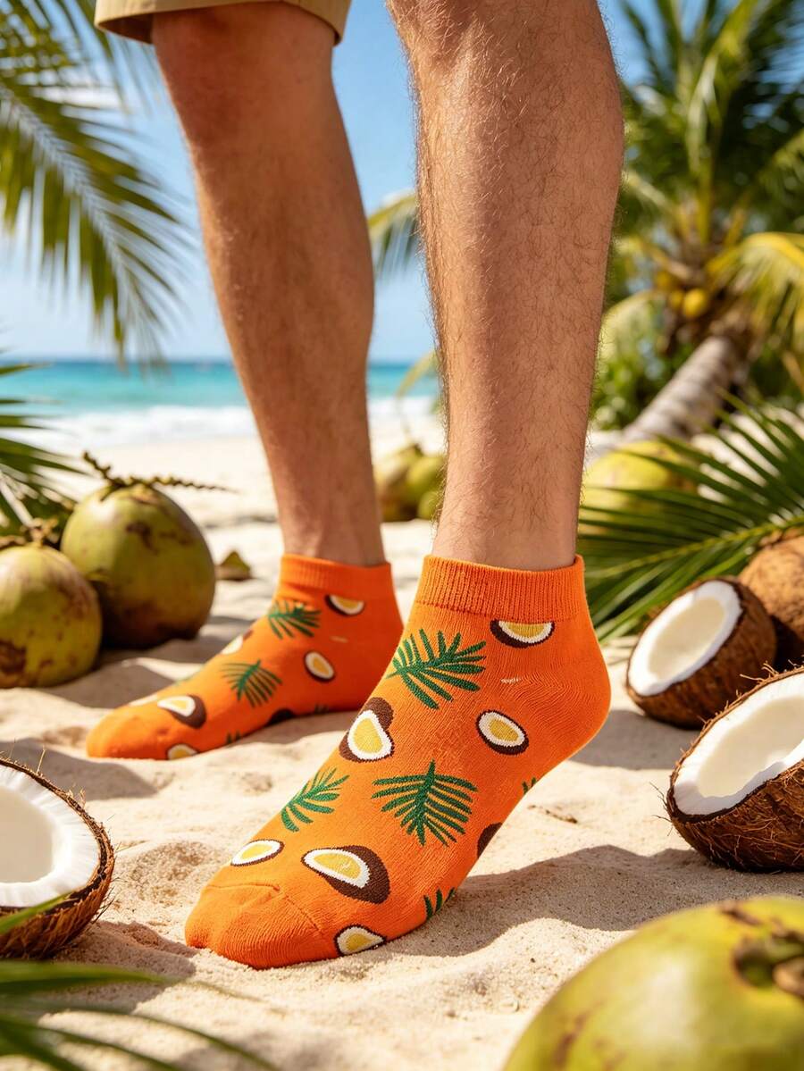 1 Pasang Kaos Kaki Perahu Gaya Liburan Tropis, Motif Daun Pohon Kelapa Oranye, Nyaman dan Tahan Lama, Kaos Kaki Pendek Harian Sepanjang Musim - MultiWarna - View 1