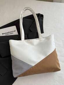 Classic Color Block Shoulder Bag, Minimalist Versatile Large Capacity Tote Bag, Commuter Canvas Handbag, Fashionable - White - View 4