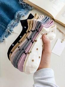 5 Pairs Heart Pattern Women's Mid-Calf Socks, Spring/Summer Cute Ruffle Trim Short Socks, Japanese/Korean Style Preppy Socks, Random Color - Multicolor - View 3