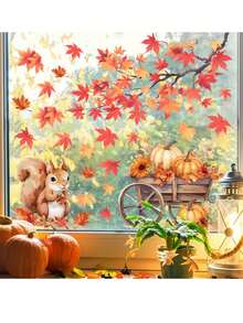 Autumn Thanksgiving Maple Leaf Squirrel Window Clings, Double-Sided Maple Leaf Stickers, Anti-Static Window Clings, Waterproof Window Clings - Using Static Adhesion Principle, Suitable For Cabinet Doors, Bathroom Glass Windows, Home Decor, And Harvest Festival, Autumn, Thanksgiving And Halloween Holiday Decorations. - Multicolor - View 7