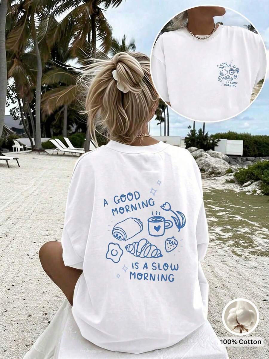 1 Piece, 100% Cotton. Loose Fit 100% Cotton T-Shirt, Summer Short Sleeve Crew Neck T-Shirt, Spring/Summer Oversized Top, 100% Cotton, Women's Short Sleeve T-Shirt, Fun Breakfast Croissant Strawberry Coffee Pattern, Solid Color Crew Neck, Soft And Comfortable, Casual, Streetwear, Y2K, Beach, Graduation, Vacation, Top, Summer, Spring, T-Shirt, Gym, Sports, Party Top, Vintage, Carnival, Valentine's Day, Women's Tops, Female Tops, Spring Outfit, Women's Summer Clothing, Funny T-Shirts, Vacation, Beach, Casual, Cute Tops, White Top, Summer Tops, Women's Spring Outerwear, Women's Clothing For Easter, Carnival, All Seasons, Office/Lounge/Home/Minimalist, Western Women, Outfit, Retro Style - White - View 1